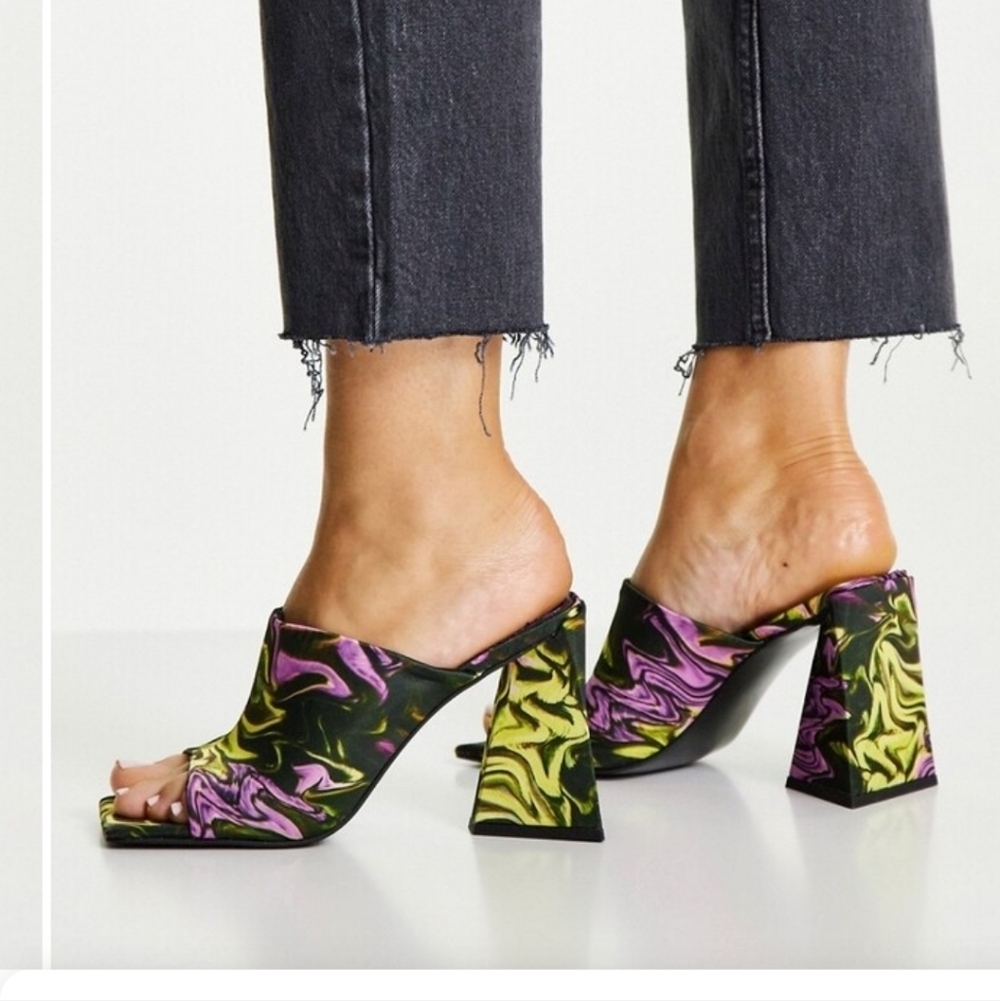 ASOS Nyla Heeled Mules Featuring a Colorful Marble Print and a Flare Block Heel